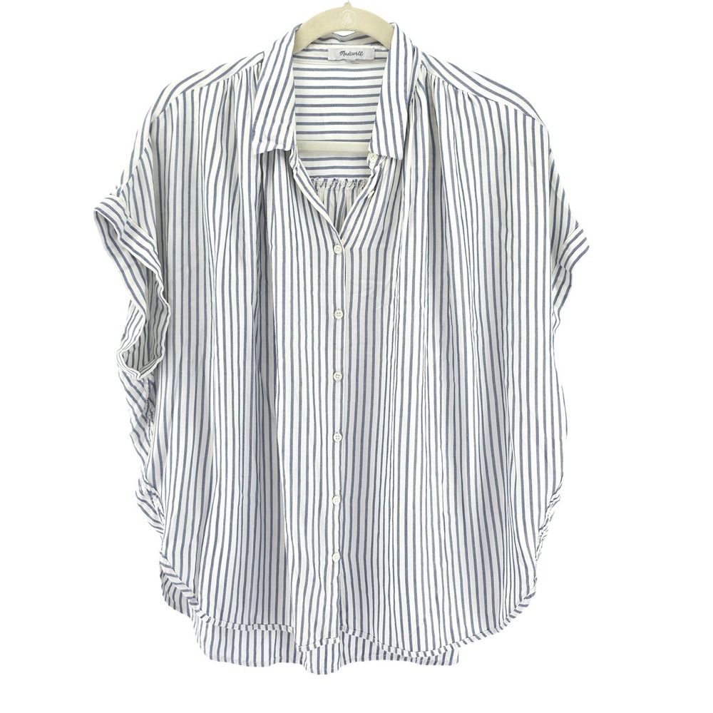 Madewell Central Shirt Women Medium Blue White Striped Dolman Sleeve Button Up - Picture 2 of 13